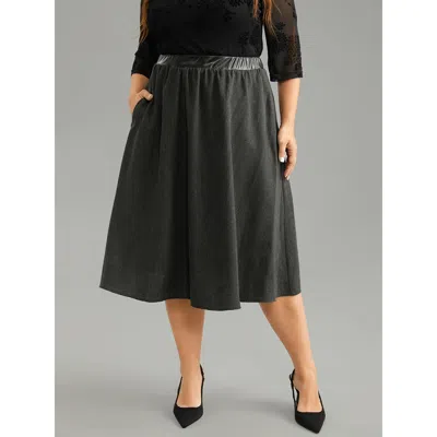 Bloomchic Women's Plus Size Solid Pu Patchwork Pocket Elastic Waist Skirt Dimgray Texture Office 10/m