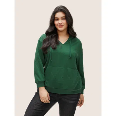 Bloomchic Women's Plus Size Solid Quilted Kangaroo Pocket Hooded Sweatshirt Green Plain Everyday 12/l