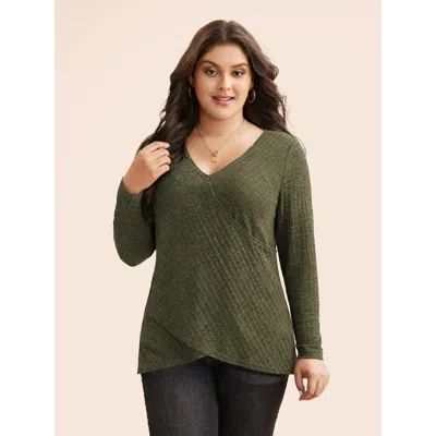 Bloomchic Women's Plus Size Solid Rib Knit Wrap Jersey Top Armygreen Long Sleeve Everyday V-neck 30/6x