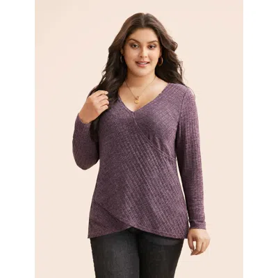 Bloomchic Women's Plus Size Solid Rib Knit Wrap Jersey Top Eggplant Long Sleeve Everyday V-neck 30/6x In Purple