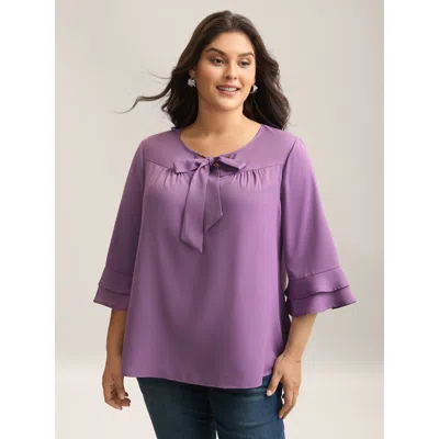 Bloomchic Women's Plus Size Solid Ribbon Tied Collar Bell Sleeve Blouse Purple Non Office 3/4 Sleeve 10/m