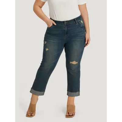 Bloomchic Women's Plus Size Solid Ripped Roll Hem Pocket Straight Leg Jeans Indigo Plain Plain High Stretch 12 In Purple