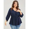 Bloomchic Women's Plus Size Solid Roll Sleeve Button Down Drawstring Blouse Navy Solid Office Long Sleeve 10/m In Blue