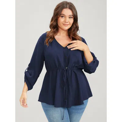 Bloomchic Women's Plus Size Solid Roll Sleeve Button Down Drawstring Blouse Navy Solid Office Long Sleeve 10/m In Blue