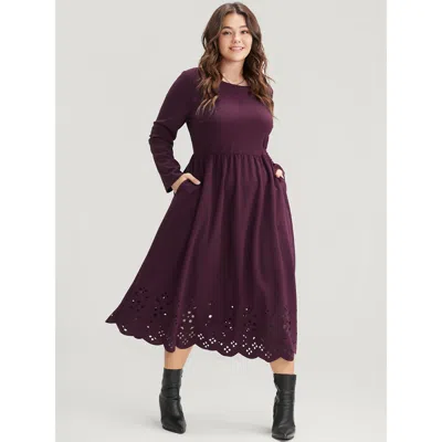 Bloomchic Women's Plus Size Solid Round Neck Laser Cut Pocket Midi Dress Eggplant Solid Dailywear Elastic Wais In Purple