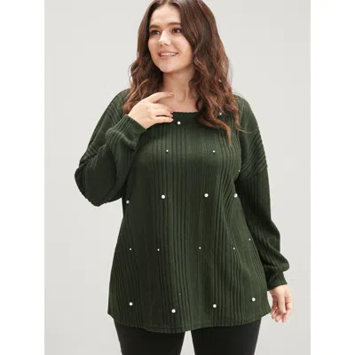 Bloomchic Women's Plus Size Solid Round Neck Pearls Beaded Rib Knit Sweatshirt Darkgreen Plain Dailywear 12/l In Green