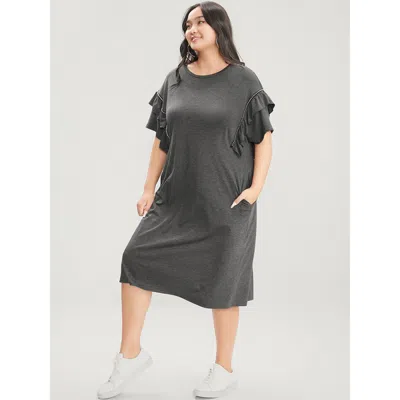 Bloomchic Women's Plus Size Solid Round Neck Pocket Beaded Webbing Ruffle Trim Dress Dimgray Dailywear Gathere