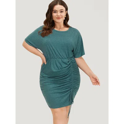 Bloomchic Women's Plus Size Solid Ruched Drawstring Hem Bodycon Dress Cyan Dailywear Ruched 22-24/3x In Blue
