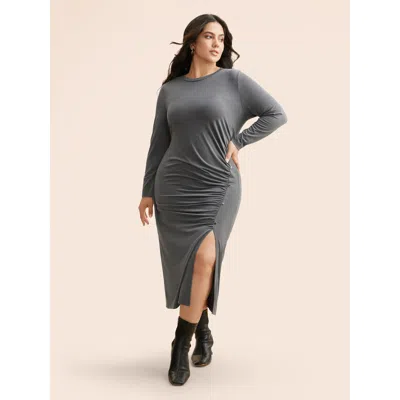 Bloomchic Women's Plus Size Solid Ruched Split Hem Dress Dimgray Non Midi Elegant Gathered 12/l