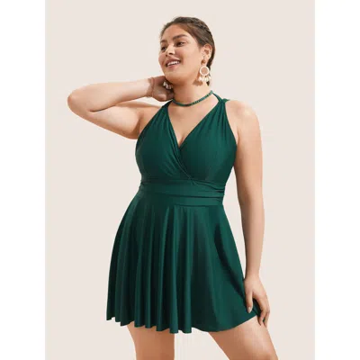 Bloomchic Women's Plus Size Solid Ruffle Hem Empire Waist Halter Neck Swim Dress Darkgreen Solid Ruched Adapti In Green