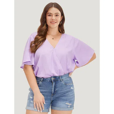 Bloomchic Women's Plus Size Solid Ruffle Sleeve V Neck Ruched Bodysuit Lilac Dailywear 10/m In Purple