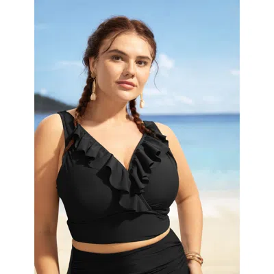 Bloomchic Women's Plus Size Solid Ruffle Surplice Neck Trim Swim Top Black Solid Sleeveless Ruffles Adaptive-f