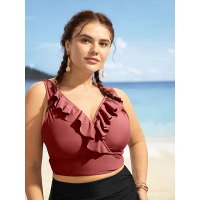 Bloomchic Women's Plus Size Solid Ruffle Surplice Neck Trim Swim Top Russet Solid Sleeveless Ruffles Adaptive- In Brown