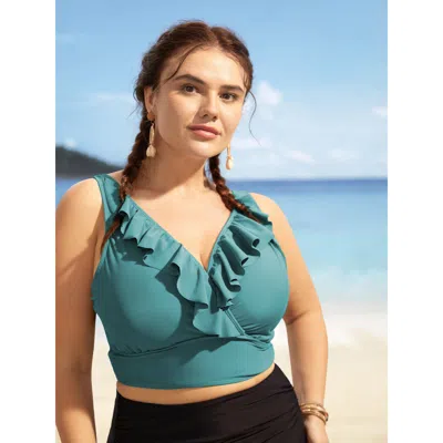 Bloomchic Women's Plus Size Solid Ruffle Surplice Neck Trim Swim Top Teal Solid Sleeveless Ruffles Adaptive-fi In Blue