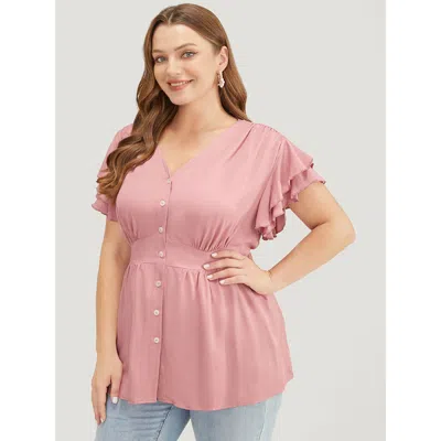 Bloomchic Women's Plus Size Solid Ruffle Tiered Sleeve Gathered Button Up Blouse Pink Dailywear Short Sleeve 1