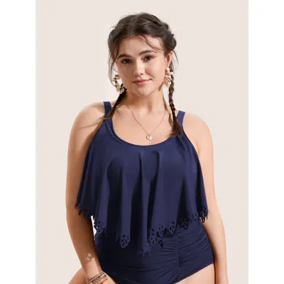Bloomchic Women's Plus Size Solid Ruffle Trim Laser Cut Swim Top Indigo Solid Sleeveless Ruched Adaptive-fit 3 In Purple
