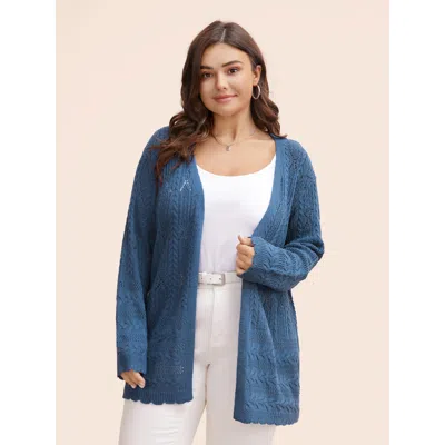 Bloomchic Women's Plus Size Solid Scalloped Trim Cable Knit Cardigan Aegean Long Sleeve 12/l In Blue