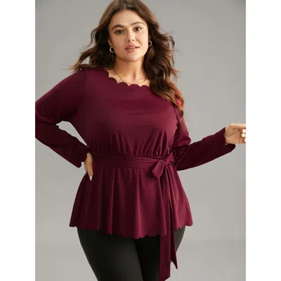 Bloomchic Women's Plus Size Solid Scalloped Trim Elastic Waist Belted Blouse Scarlet Party Long Sleeve 12/l In Red