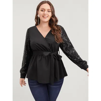 Bloomchic Women's Plus Size Solid Sequin Belted Surplice Neck Blouse Black Solid Going Out Long Sleeve 10/m