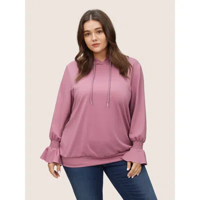 Bloomchic Women's Plus Size Solid Shirred Flounces Hooded Sweatshirt Dustypink Plain Everyday 12/l In Pink