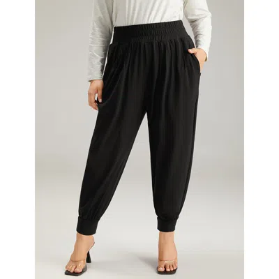 Bloomchic Women's Plus Size Solid Shirred Pocket Harem Sweatpants Black Dailywear 10/m