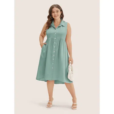 Bloomchic Women's Plus Size Solid Shirt Collar Ruffle Pocket High Low Hem Button Up Dress Mint Solid Midi Offi In Green