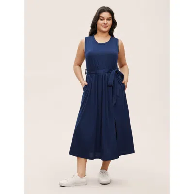 Bloomchic Women's Plus Size Solid Slit Hem Sleeveless Belted Dress Darkblue Non Everyday Belted 18-20/2x In Blue