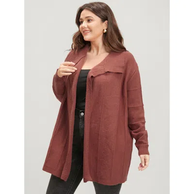 Bloomchic Women's Plus Size Solid Soft Sexy Yarn Knit Lapel Collar Open Front Cardigan Maroon Long Sleeve 12/l In Burgundy