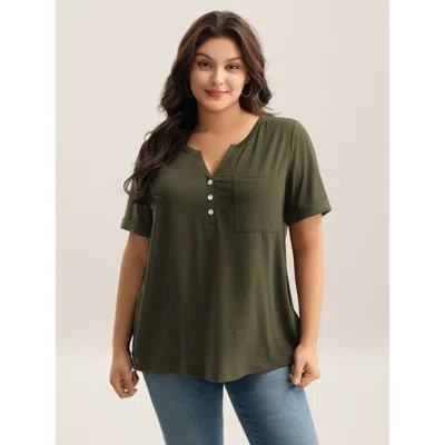 Bloomchic Women's Plus Size Solid Split Neck Button Detail T-shirt Armygreen Casual Short Sleeve V-notch Neck 
