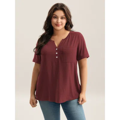 Bloomchic Women's Plus Size Solid Split Neck Button Detail T-shirt Burgundy Casual Short Sleeve V-notch Neck 1
