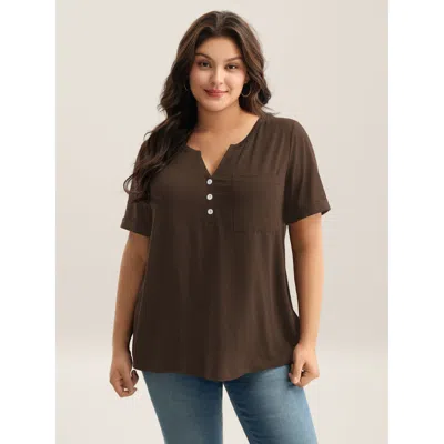 Bloomchic Women's Plus Size Solid Split Neck Button Detail T-shirt Darkbrown Casual Short Sleeve V-notch Neck  In Brown