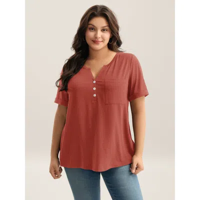 Bloomchic Women's Plus Size Solid Split Neck Button Detail T-shirt Lightorange Casual Short Sleeve V-notch Nec