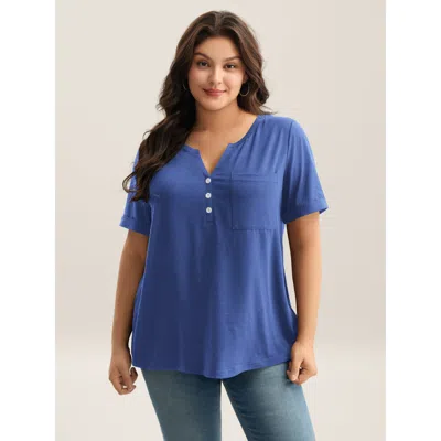 Bloomchic Women's Plus Size Solid Split Neck Button Detail T-shirt Mediumblue Casual Short Sleeve V-notch Neck