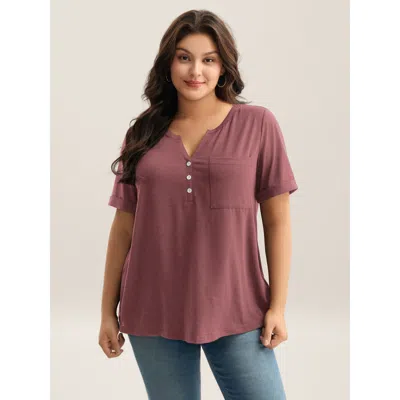 Bloomchic Women's Plus Size Solid Split Neck Button Detail T-shirt Plum Casual Short Sleeve V-notch Neck 18-20 In Purple