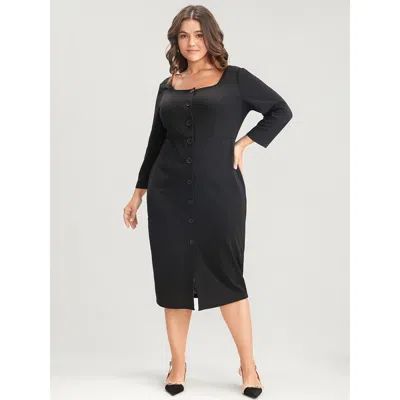 Bloomchic Women's Plus Size Solid Square Neck Button Up Bodycon Midi Dress Black Solid Office Button 10/m