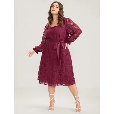 Bloomchic Women's Plus Size Solid Square Neck Lantern Sleeve Belted Lace Dress Scarlet Solid Going Out Belted  In Red