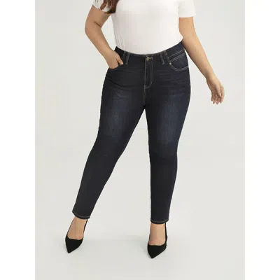 Bloomchic Women's Plus Size Solid Stitch Very Stretchy Patchwork Waist Jeans Midnight Plain Plain High Stretch In Blue