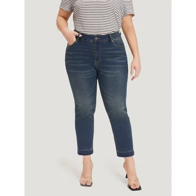 Bloomchic Women's Plus Size Solid Straight Cutoff Pocket Dark Wash Jeans Indigo Plain Plain High Stretch 10/m In Purple