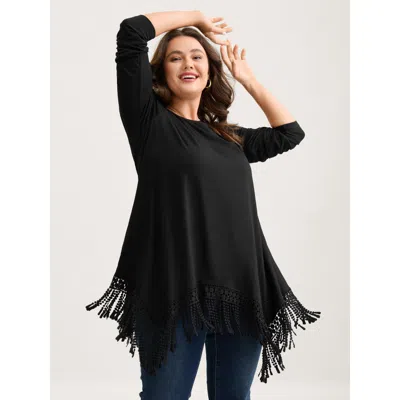 Bloomchic Women's Plus Size Solid Tassels Trim Pocket Asymmetrical Hem T-shirt Black Long Sleeve Casual 12/l