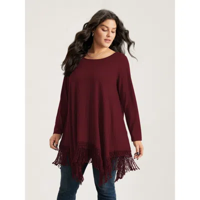 Bloomchic Women's Plus Size Solid Tassels Trim Pocket Asymmetrical Hem T-shirt Burgundy Long Sleeve Casual 18-