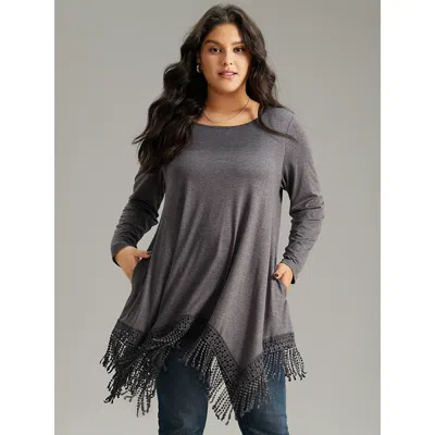 Bloomchic Women's Plus Size Solid Tassels Trim Pocket Asymmetrical Hem T-shirt Gray Long Sleeve Casual 10/m