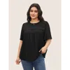 Bloomchic Women's Plus Size Solid Texture Lace Trim See Through Gathered Blouse Black Solid Everyday Short Sle In Black