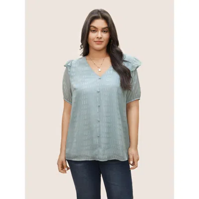 Bloomchic Women's Plus Size Solid Textured Gathered Ruffles Button Detail Blouse Lightblue Non Everyday Short  In Blue