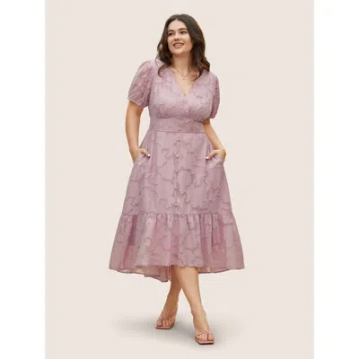Bloomchic Women's Plus Size Solid Textured Lantern Sleeve Button Detail Dress Lightpink Solid Midi Elegant Wid