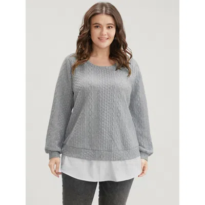Bloomchic Women's Plus Size Solid Textured Round Neck 2-in-1 Sweatshirt Gray Plain Dailywear 18-20/2x