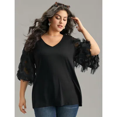 Bloomchic Women's Plus Size Solid Textured Tassel Trim Ruffle Sleeve T-shirt Black Half Sleeve Everyday 10/m