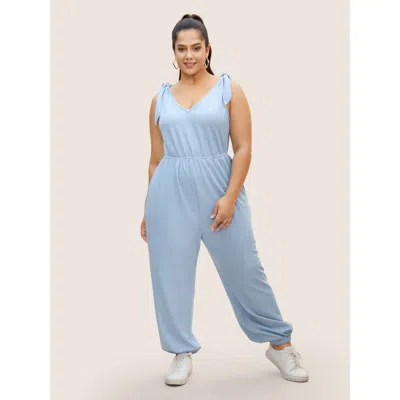 Bloomchic Women's Plus Size Solid Tie Knot Pit Strip Jumpsuit Lightblue Everyday 10/m In Blue