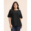 Bloomchic Women's Plus Size Solid Tiered Ruffles Split Hem Blouse Black Solid Elegant Half Sleeve Round Neck 1 In Black