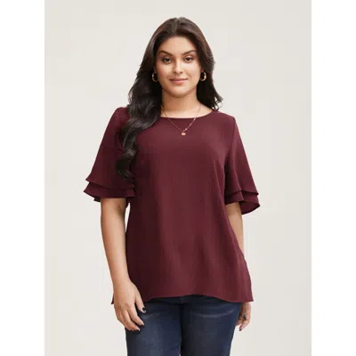 Bloomchic Women's Plus Size Solid Tiered Ruffles Split Hem Blouse Burgundy Solid Elegant Half Sleeve Round Nec