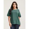 Bloomchic Women's Plus Size Solid Tiered Ruffles Split Hem Blouse Emerald Solid Elegant Half Sleeve Round Neck In Green